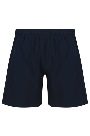 Navy blue men's sports shorts with an elastic waistband and logo branding. Ideal for school uniforms.