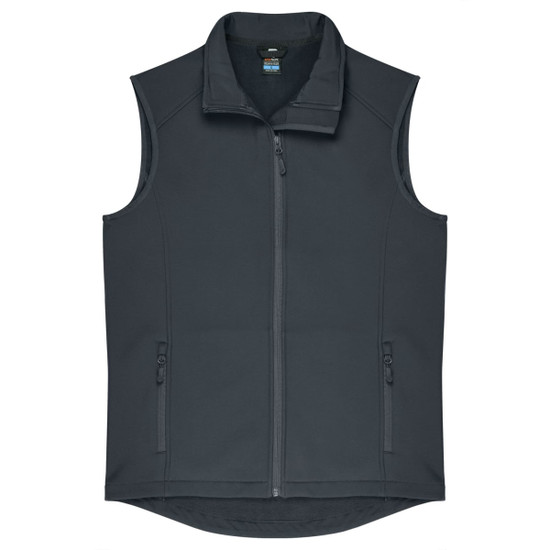 A dark grey men's vest featuring a high collar, zip front, and two side pockets. It has a logo on the chest.