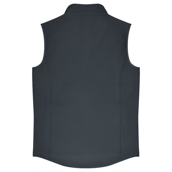 A dark grey men's vest with a high collar and no sleeves, featuring a branded logo.