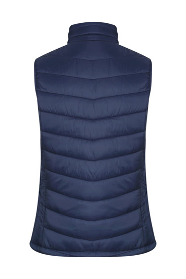 A navy puffer vest with a high collar and quilted design, featuring a branding logo.