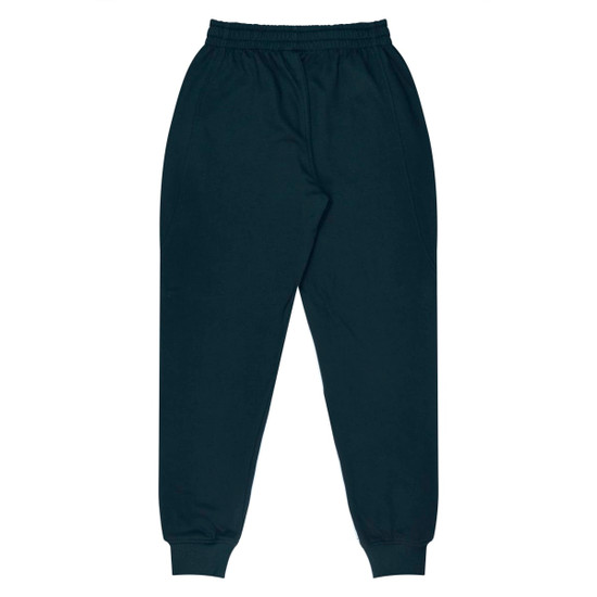Tapered fleece kids pants in black, featuring an elastic waistband and cuffs, and side pockets.