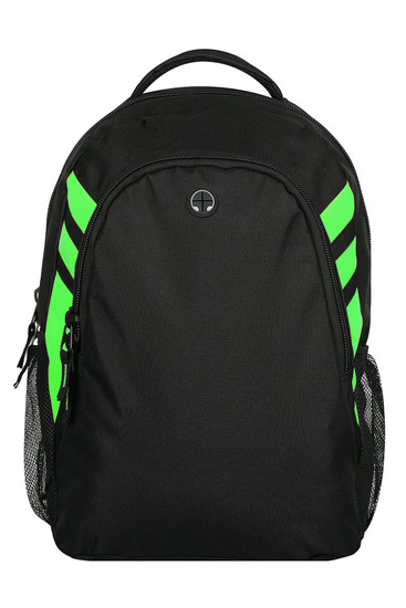 A black backpack with vibrant green stripes, featuring a logo and side mesh pockets.