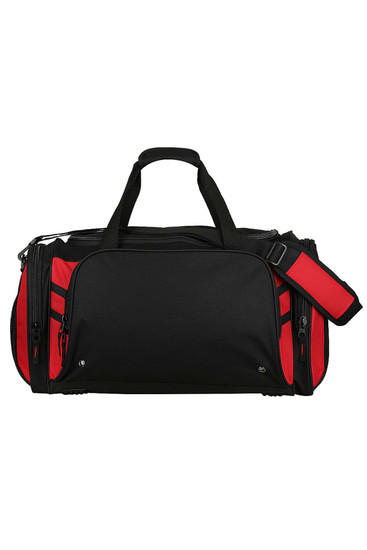 A black and red duffle bag with a shoulder strap and multiple zippers, featuring a logo.