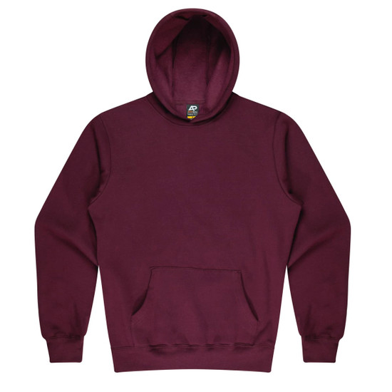 A maroon kids' hoodie featuring a front pocket and a large hood. The hoodie includes a logo on the inside label.