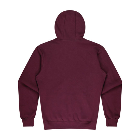 A maroon kids' hoodie with a hood and long sleeves, featuring a plain back design and ribbed cuffs.