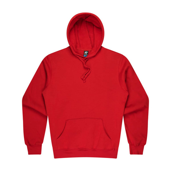 A red hoodie with a front pocket and a snug hood, featuring a logo.
