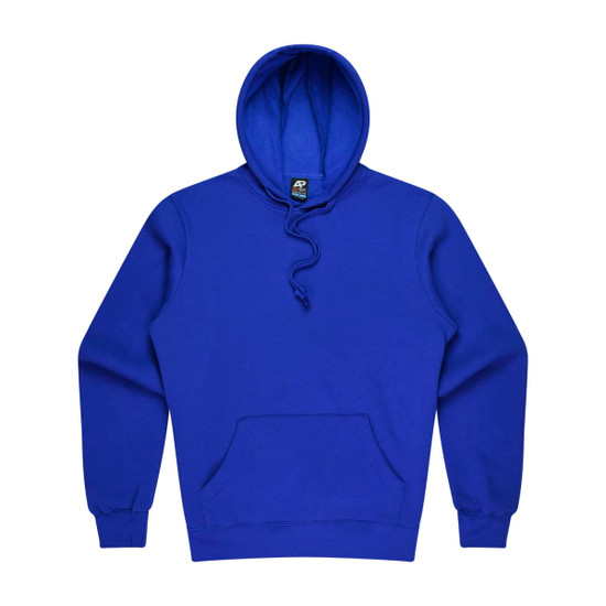 A vibrant blue men's hoodie featuring a front pocket and a drawstring hood. It has a branding label.