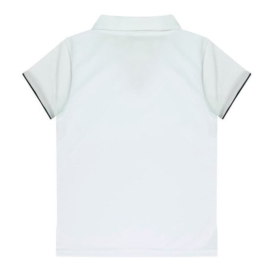 A white polo shirt with black trim, featuring a collar and short sleeves. It has a logo on the side.
