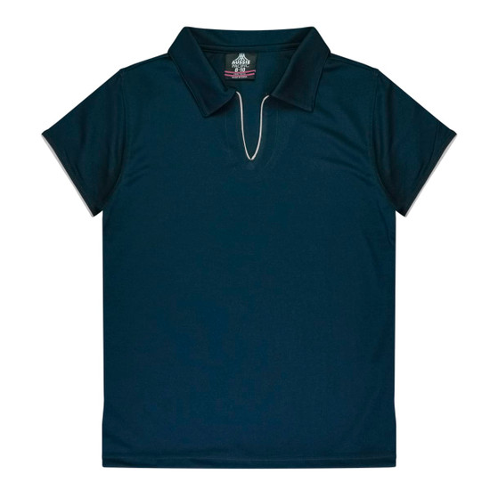 A dark navy polo shirt featuring a collar and a logo on the neckline.