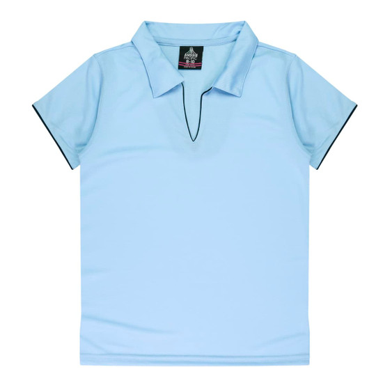 Light blue polo shirt with a collar and contrasting black detailing, featuring a logo.
