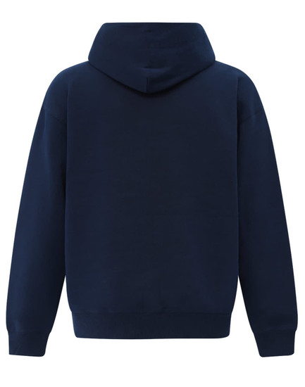 A navy oversized hoodie with a kangaroo pocket and a hood, featuring a plain back design and elastic cuffs.