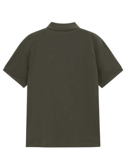 A men's short-sleeve polo shirt in a solid dark olive green colour, featuring a collar and a logo.
