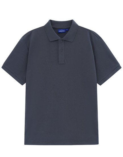 A men's short-sleeve polo in dark navy cotton/poly pique fabric, featuring a collar and three buttons.