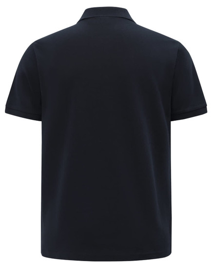 A navy blue short-sleeved polo shirt with a flat collar and a logo displayed.