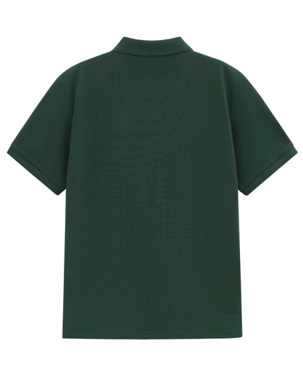 A dark green men's classic cotton/poly pique short-sleeve polo shirt with a collar and no visible branding.