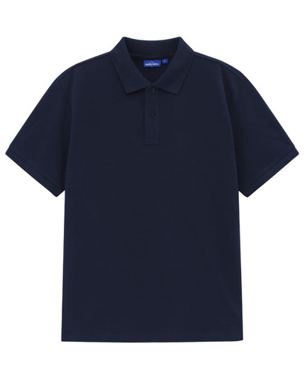 A navy blue men's classic cotton/poly pique short sleeve polo shirt with a collar and buttons.
