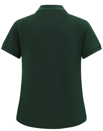 A green ladies' classic cotton/poly pique short sleeve polo with a collar and a logo.