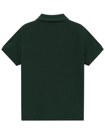 A dark green ladies' short-sleeve polo made of cotton/poly pique, featuring a collar and a logo.