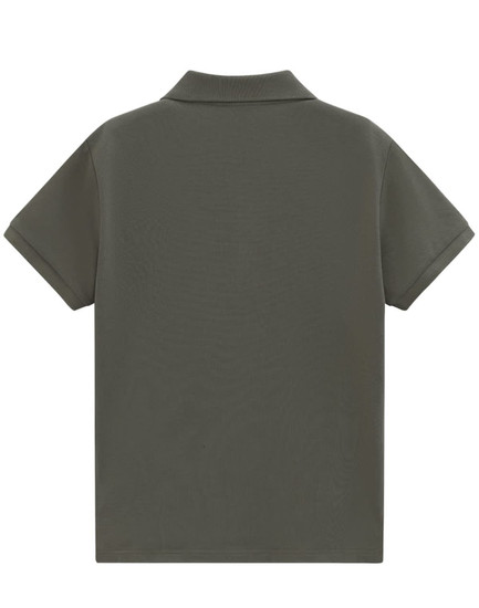 A dark green ladies' short sleeve polo shirt with a classic pique fabric and a logo on the back.