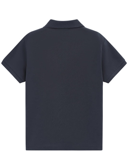 A navy blue short-sleeved polo shirt with a collar and a logo.