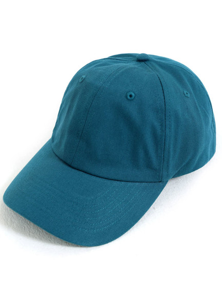 A cotton twill unstructured cap in teal with an adjustable strap and a logo on the front.
