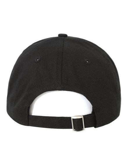 A black cotton twill unstructured cap featuring a back strap and an adjustable buckle. It has a logo on the side.