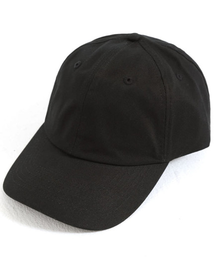 A black cotton twill unstructured cap with a rounded crown and a curved brim, featuring a logo.