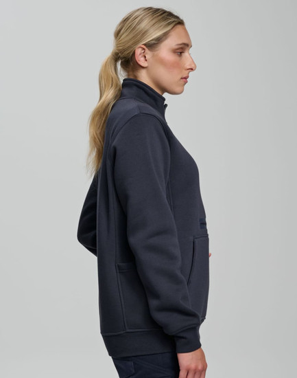 A side view of a dark navy unisex premium fleece half zip work sweat, featuring a high collar and pockets.
