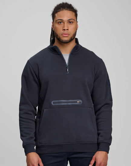 A unisex premium fleece half zip work sweat in navy blue, featuring a zip pocket and a logo on the sleeve.