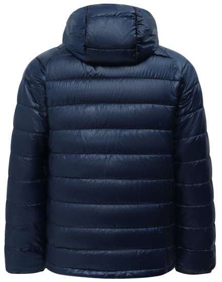 A dark navy lightweight hooded puffer jacket with a quilted design and a hood. It features a logo on the back.