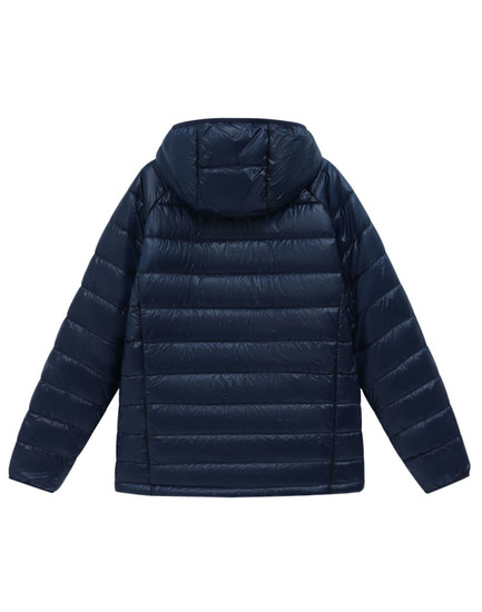 A navy blue adult's sustainable lightweight hooded puffer jacket with a quilted design and a hood.
