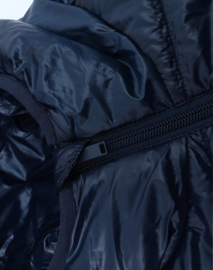 A navy lightweight hooded puffer jacket, showcasing glossy fabric and a zip detail, with a small logo present.