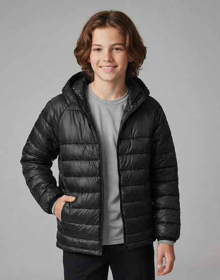 A lightweight puffer jacket in black with a hood, featuring a zip front and a smiling child wearing it.
