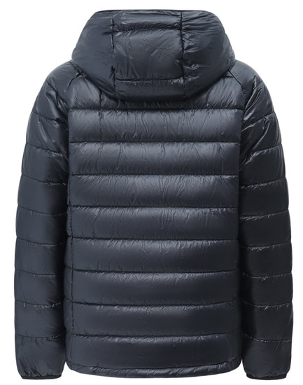 A dark navy lightweight hooded puffer jacket with a quilted design. Features a hood and is suitable for kids.