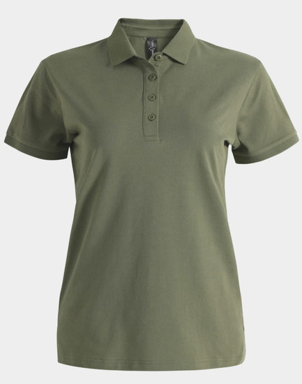 A green ladies ultrafine cotton pique polo featuring a collar and three buttons, with a logo on the chest.
