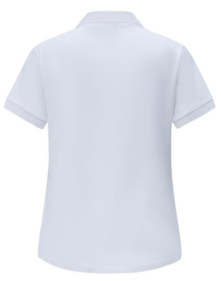 A white ladies ultrafine cotton pique polo shirt with short sleeves and a collar. Features a branding logo.