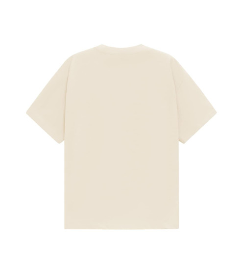A unisex oversized tee in a neutral cream colour with a plain back. It features a logo tag at the neckline.