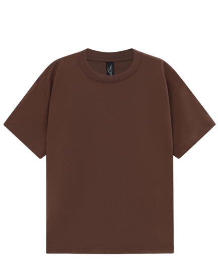 A brown unisex heavy cotton oversized tee displayed flat, featuring a simple design and a label inside.