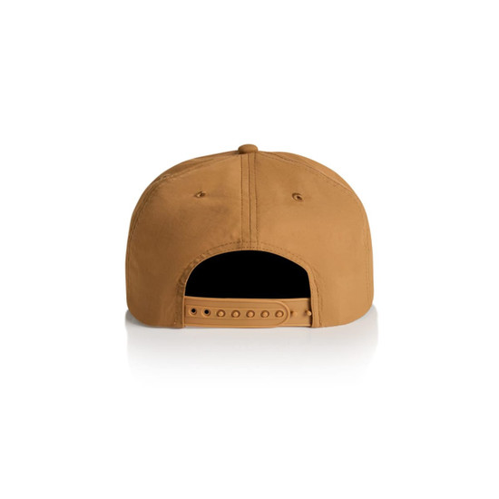 A tan cap featuring a flat brim and an adjustable strap at the back. It has a logo on the front.