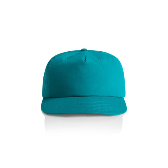 A teal cap with a curved brim and a plain design, featuring a logo on the front.