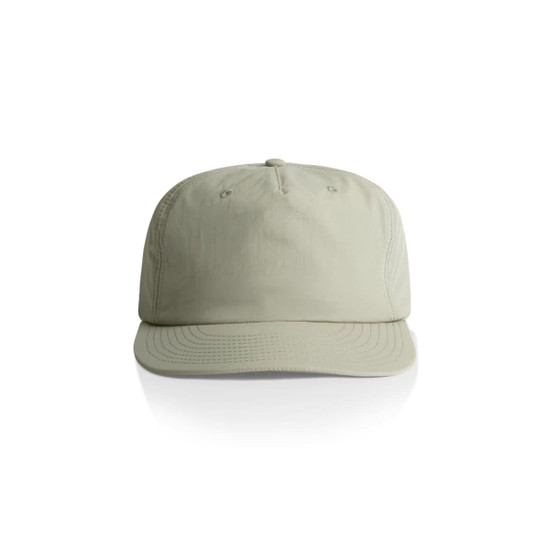 A light green cap with a structured crown and a curved brim, featuring a logo on the front.