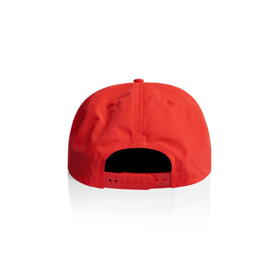 A red cap with an adjustable strap at the back, featuring a logo on the rear.