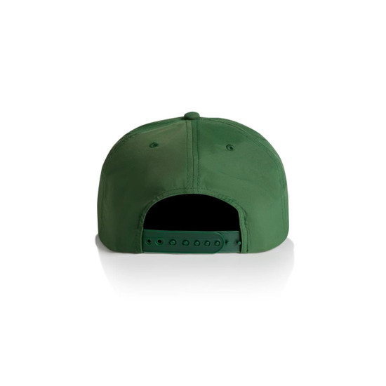A green cap with a snapback closure and a logo on the back.