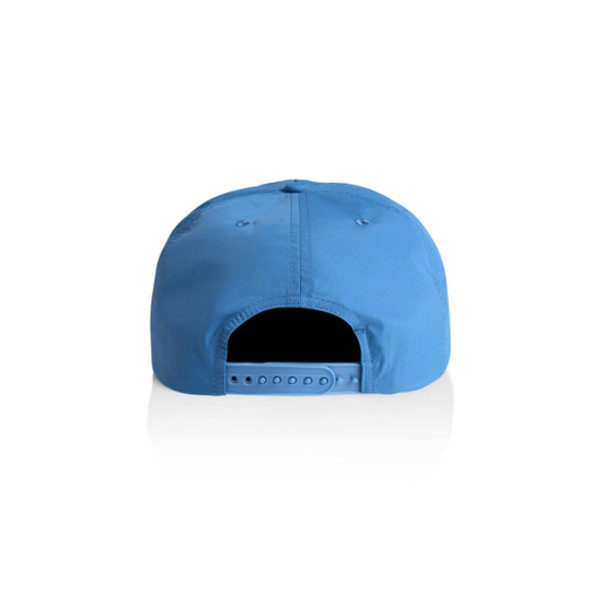 A blue cap with a snapback closure and a logo on the back.