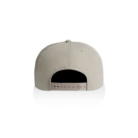 A light grey cap with a plastic adjustable strap at the back, featuring a logo.