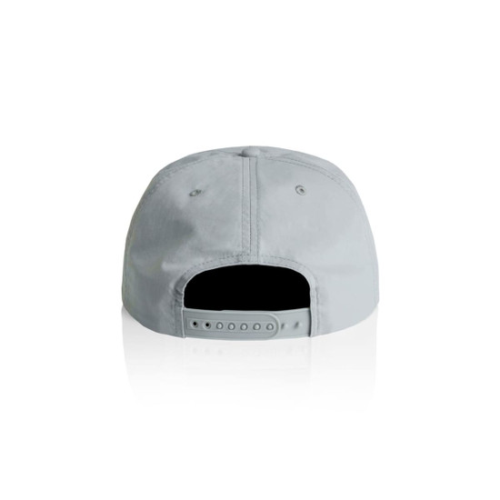 A grey cap with a snapback closure, featuring a logo on the back.