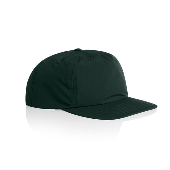 A dark green cap with a flat brim and ventilation holes, featuring a logo on the front.