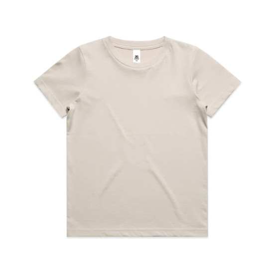 A beige kids' T-shirt featuring a classic crew neck and short sleeves, with a small logo at the neckline.