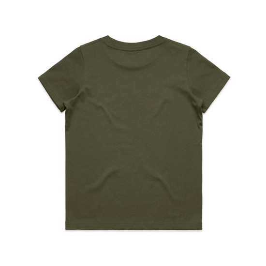A youth t-shirt in olive green with a simple design and no visible branding on the back.
