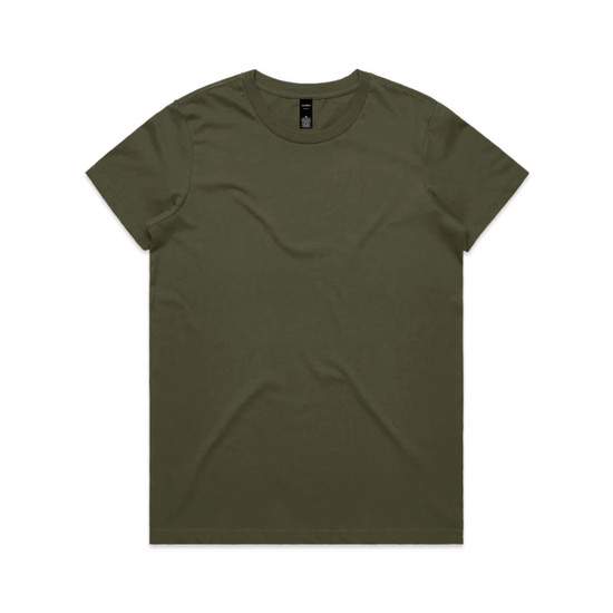 An olive green t-shirt featuring a round neckline and a branding label at the neckline.
